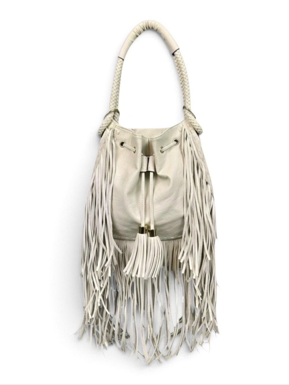 Yoki Bohemian Ivory Faux Leather Fringe Drawstring Bucket Bag NWOT